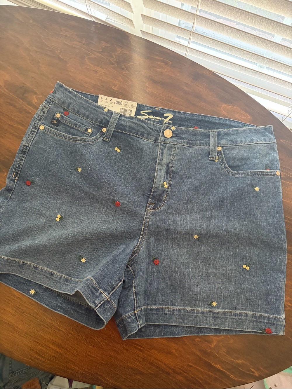 Seven7 Denim Jean Shorts with Red, Yellow & Cream Embroidery